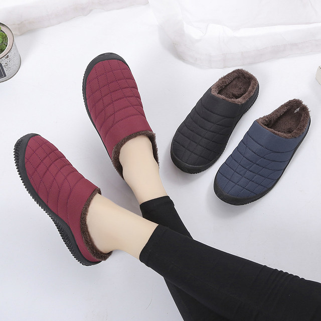 Old people cotton slippers Female winter elderly elderly indoor anti -skid half slippers, velvet warm without heel waterproof cotton shoes
