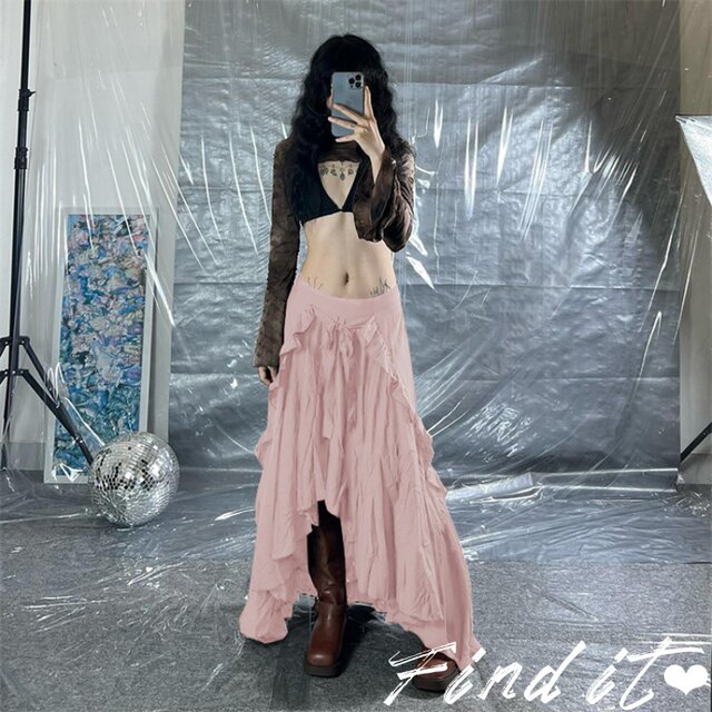 Find European and American large size retro style irregular wood ear design long skirt for women, vacation new long skirt