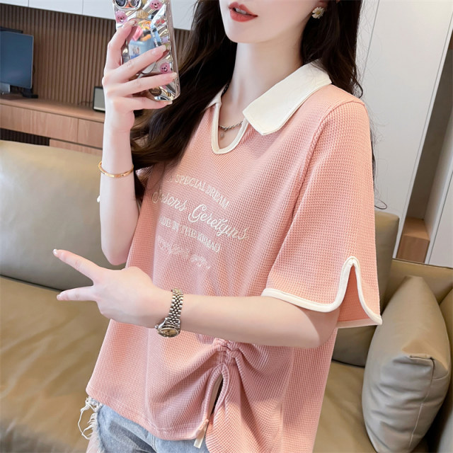 Ringling POLO shirt short -sleeved T -shirt women's summer Korean version loose large size women's contrasting color irregular split shirt
