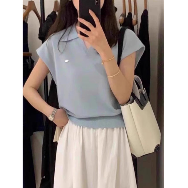 Polo neck ice silk sweater front shoulder short-sleeved T-shirt for women in summer loose Korean design niche sleeveless top
