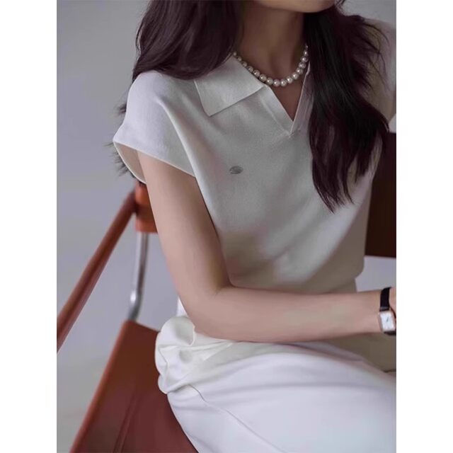 Polo neck ice silk sweater front shoulder short-sleeved T-shirt for women in summer loose Korean design niche sleeveless top