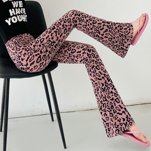 Gray printed leopard print micro-flare shark pants for women in summer and autumn extended trousers tall man mopping floor breathable quick-drying yoga

