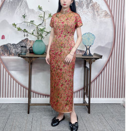 Nailusta 2023 summer red cloud female gauze retro Republic of China wind young daily introspective shoulder short sleeved cheongsam skirt