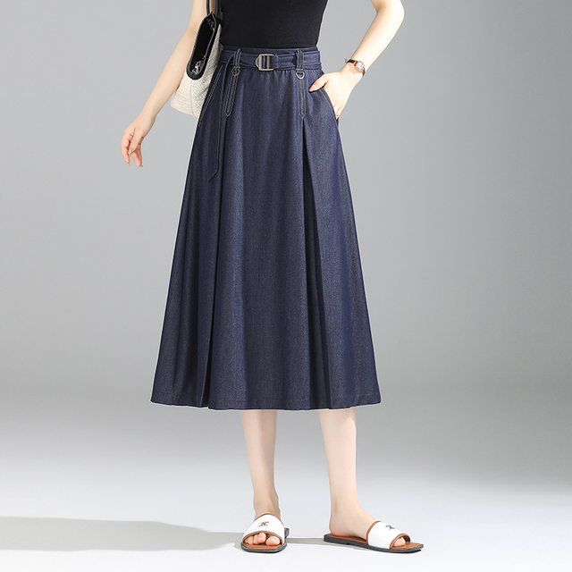High-waisted casual lace-up denim A-line skirt mid-length skirt 2025 spring and summer fashionable versatile slim skirt