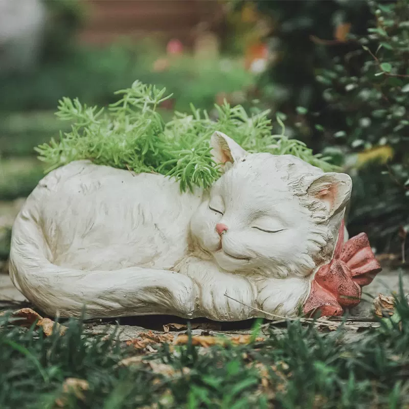 戴蝴蝶结的白色小猫花盆可种植多肉植物创意树脂阳台花园