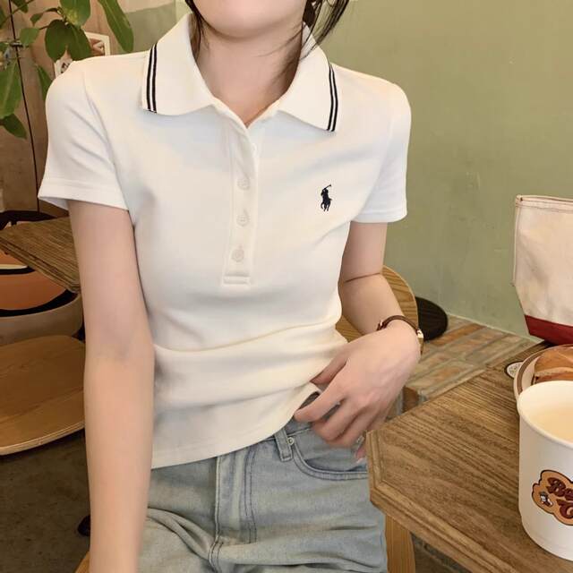 Small fragrance style white polo neck short-sleeved T-shirt for women in summer 2025 new design niche slim shoulder top
