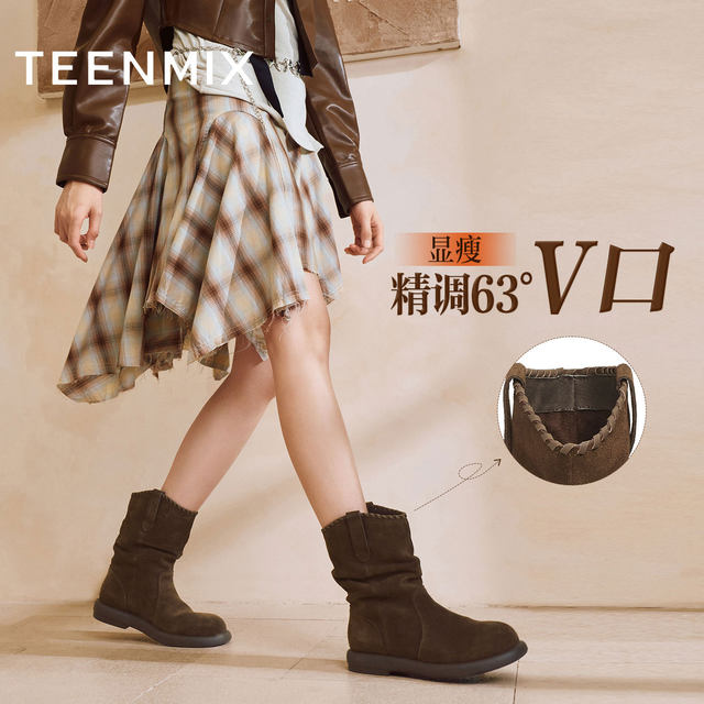 Tianmeiyi soft-soled retro western boots pile boots plus fluffy fur shoes short boots women's shoes high boots 2025 new style