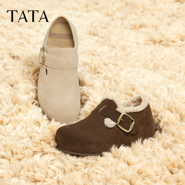 TATA Women's Shoes 2025 Velvet Birkenstock Shoes Outerwear Baotou Thick-soled Single Shoes Casual Shoes Slippers 4UL01CH5