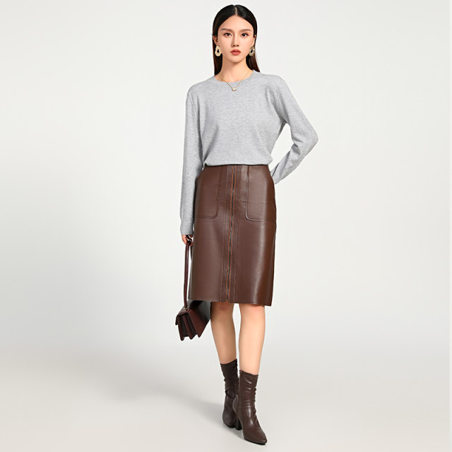 Italian top layer sheepskin skirt front zipper mid-length leather skirt high waist commuter color retro A-line leather skirt