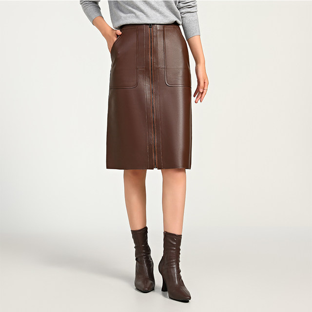 Italian top layer sheepskin skirt front zipper mid-length leather skirt high waist commuter color retro A-line leather skirt