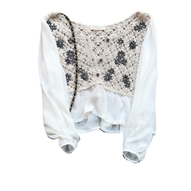 2021 lantern sleeve chiffon stitching female knitted hook flowers hollow cardigan spring and summer embroidered small blouse shawl