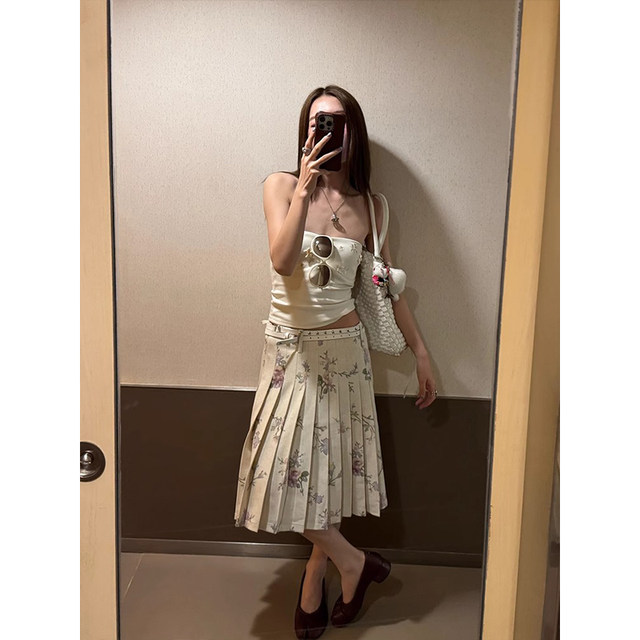 PlaceOrder retro illustration floral pleated skirt for women in summer low waist slim and versatile A-line skirt mid-skirt