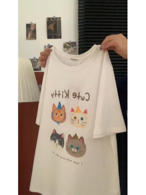 Korean retro cat printed short-sleeved T-shirt for women in summer loose chic Hong Kong flavor pure cotton round neck student top