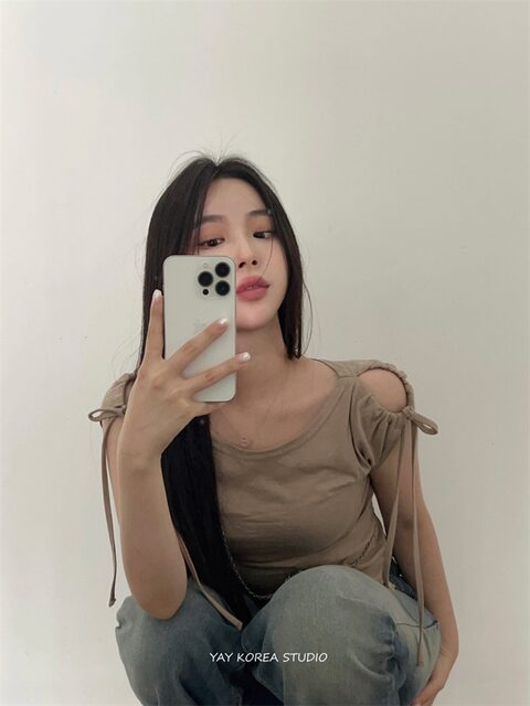 Exclusive type Korean personalized design shoulder hollow strap slim short short sleeve T-shirt