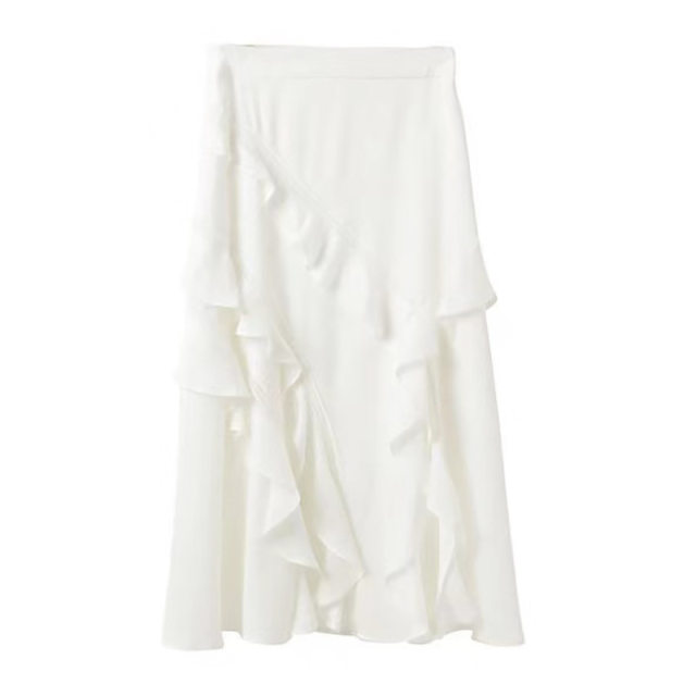 Buyer store new product 24 spring and summer lace asymmetric oblique ruffled slit skirts irregular long skirt women
