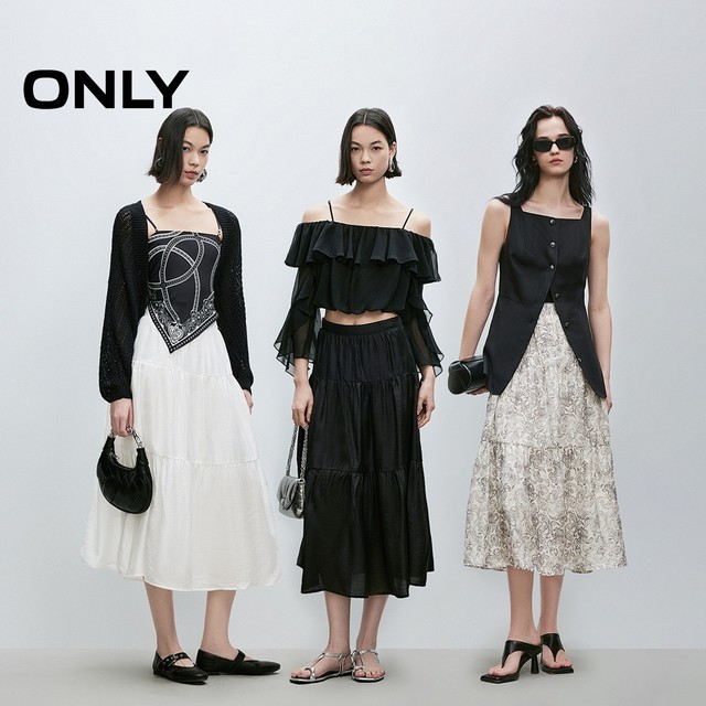 ONLY2025 summer new Laiser skin-friendly lining slim splicing umbrella high waist white skirt for women
