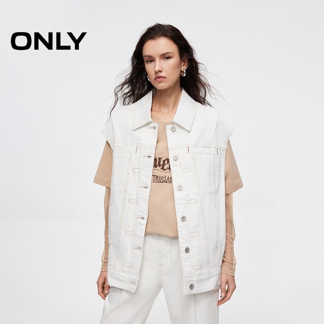 ONLY2025 autumn new contrasting color bright line design single-breasted loose lapel straight denim vest for women