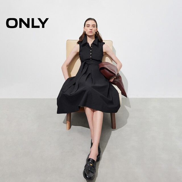 ONLY2025 summer new straps waist-closing and slim fit solid color lapel sleeveless A-line long dress for women
