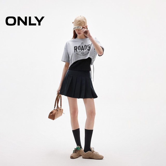ONLY2025 Summer New Letter Print Drawstring Hem Loose Round Neck Set Short T-Shirt for Women