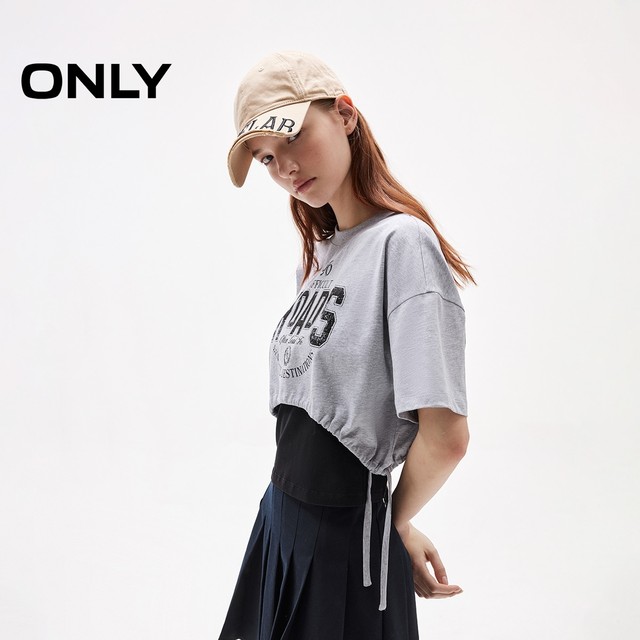 ONLY2025 Summer New Letter Print Drawstring Hem Loose Round Neck Set Short T-Shirt for Women