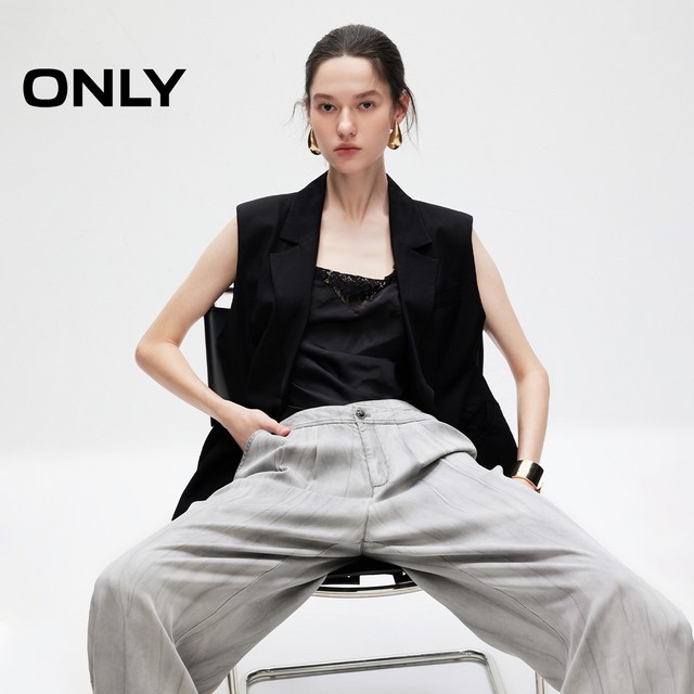 ONLY2025 summer new style thin and light lacele smudge asymmetrical waist high waist loose straight-leg casual pants for women