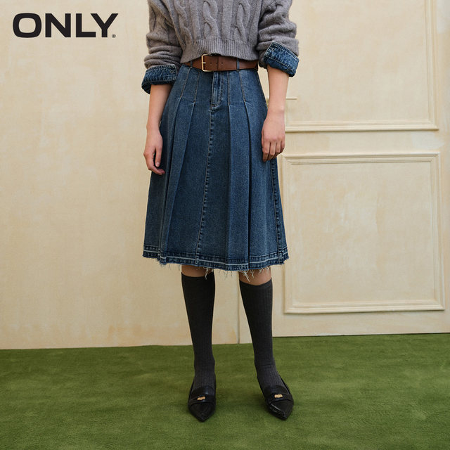 ONLY summer fashion retro high waist denim A-line mid-length pleated skirt skirt women 123337008