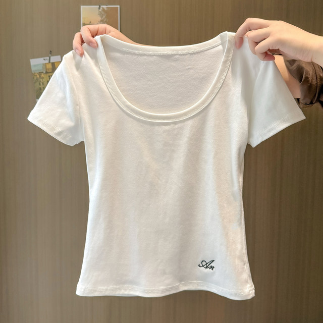 White U-neck, straight shoulder short-sleeved T-shirt for women in summer slim Korean style for inner wear short base shirt embroidered top