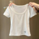 White U-neck, straight shoulder short-sleeved T-shirt for women in summer slim Korean style for inner wear short base shirt embroidered top