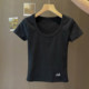 White U-neck, straight shoulder short-sleeved T-shirt for women in summer slim Korean style for inner wear short base shirt embroidered top