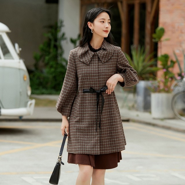 Jonita brand women's clothing 2025 spring and autumn new Korean style fashionable sweet mid-length lace-up waist plaid jacket