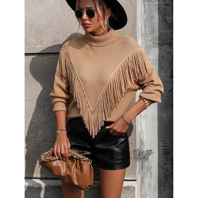 2023 Autumn and Winter Amazon New European and American Clothing Loose Tassel Sweaters Knitwear Turtleneck Sweaters for Women