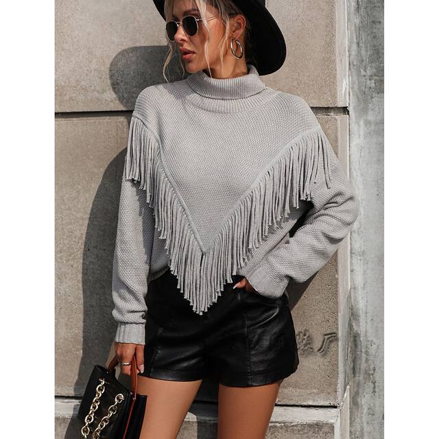 2023 Autumn and Winter Amazon New European and American Clothing Loose Tassel Sweaters Knitwear Turtleneck Sweaters for Women