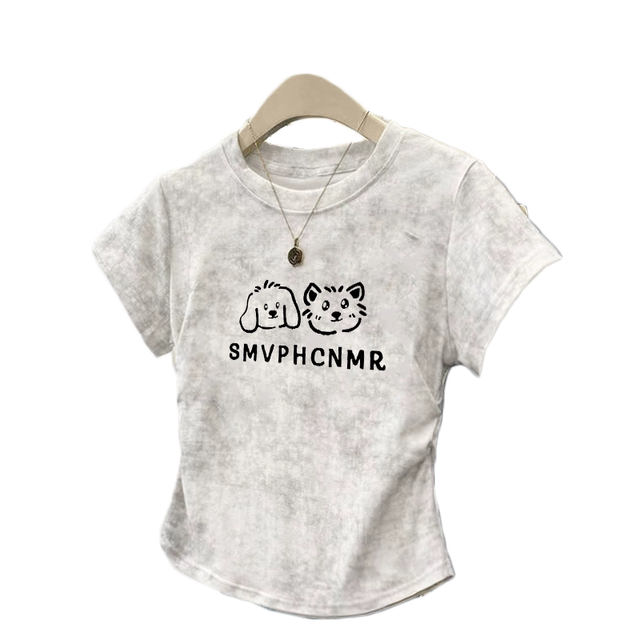 White tie-dyed front shoulder pure cotton short-sleeved T-shirt for women 2025 new summer pure waist-pinching short top