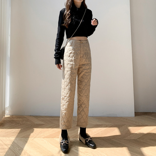 Khaki down pants for women wearing fashionable winter high waist loose slim and thickened nine-point casual wide-leg straight pants