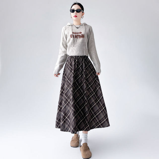 Plaid skirt Female autumn and winter American high -waisted retro mid -length skirt long skirt big plaid small umbrella skirt
