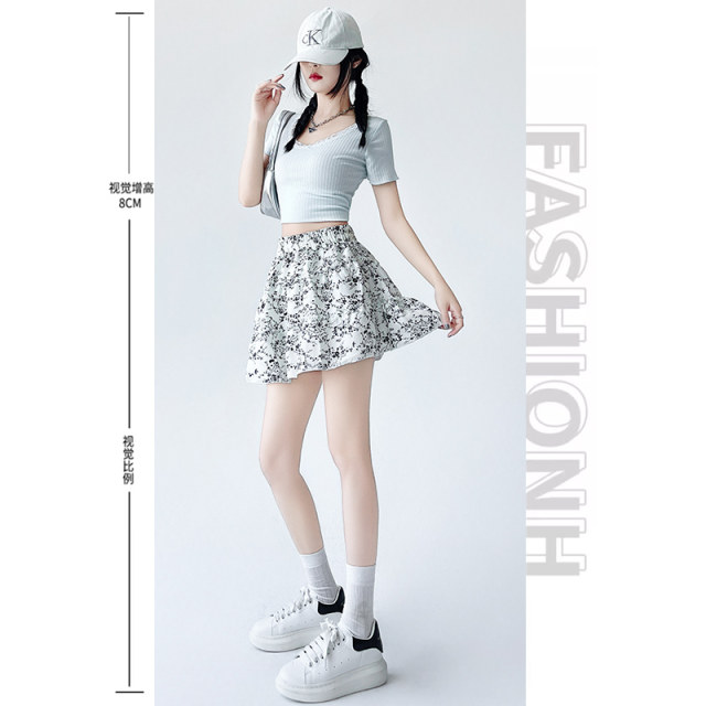 2025 spring and summer white chiffon floral short skirt fashionable and versatile Korean slim A-line short skirt large size cake skirt