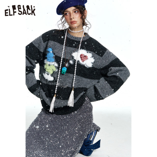 Fairy's pocket original snowman striped lazy thick sweater for women 2024 winter new style design wool knitted top