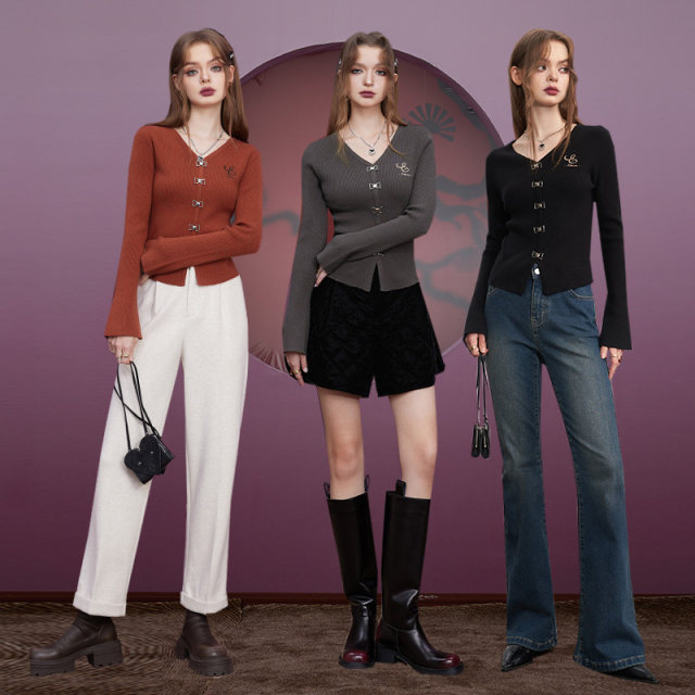 Fairy pocket red sweater for women 2025 spring new slim fit v-neck new Chinese style inner long-sleeved top