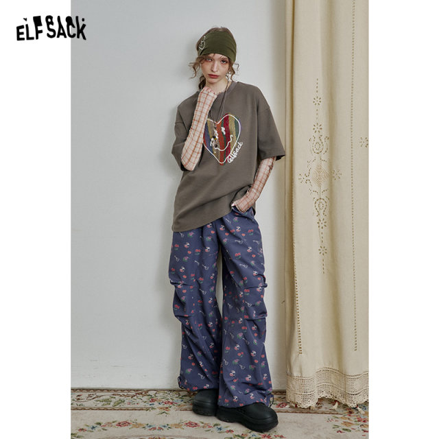 Fairy pocket full print casual wide-leg pants for women 2025 spring new loose lazy style paratrooper pants