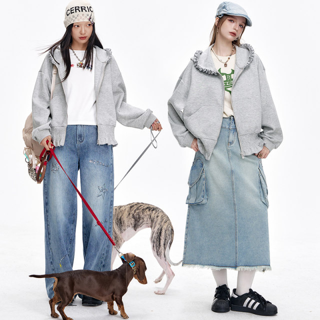 Fairy pocket grey embroidered silver hooded sweatshirt coat for women 2025 early spring outfit new lazy style
