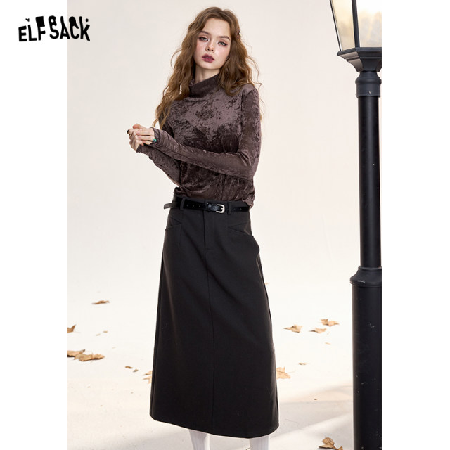 Fairy Pocket Retro Coffee Velvet High Neck Long Sleeve T-shirt Women's 2025 Spring New Pure Temperament Top