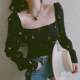 Large size women's fat mm spring and summer French retro black square collar fruit printed shirt top short chiffon shirt
