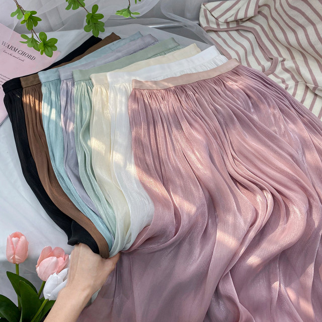 High-end glossy streamer beaded chiffon pleated skirt for women's summer retro style mid-length A-line skirt