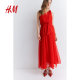 HM women's dress summer red elegant one-shoulder comfortable chiffon bow midi skirt 1235801
