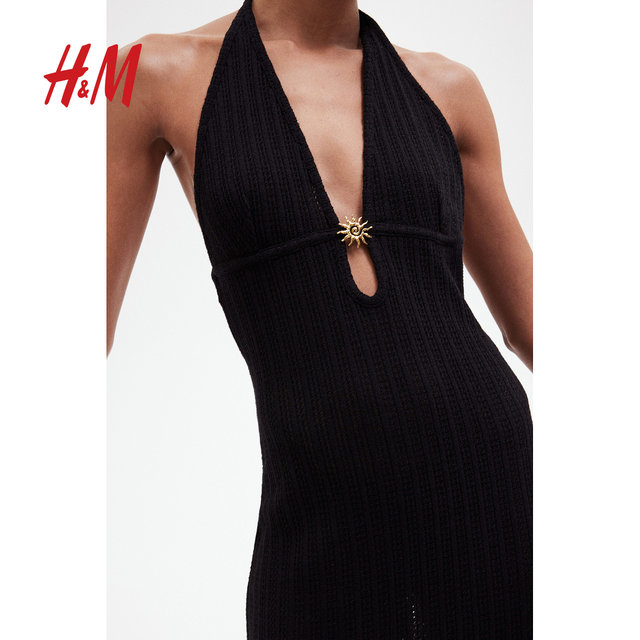 HM women's halter neck dress 2025 summer new V-neck soft mesh knitted slim long skirt 1278400