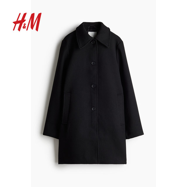 HM women's woolen jacket winter loose felt button lapel knee-length coat 1255546