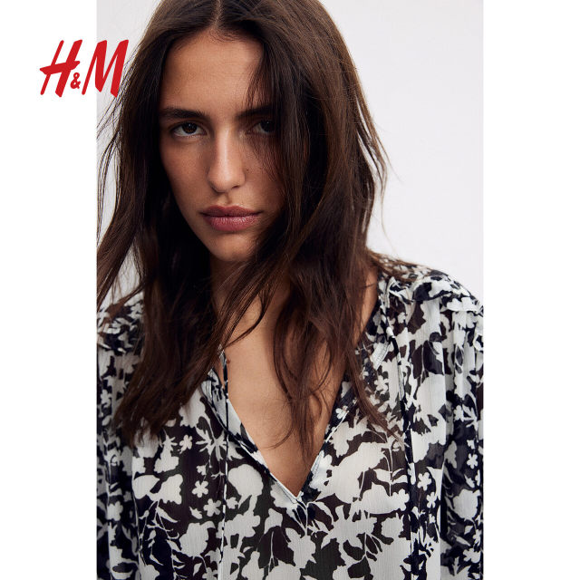 HM women's shirt summer print oversized bottoming shirt lantern long-sleeved top 1257114
