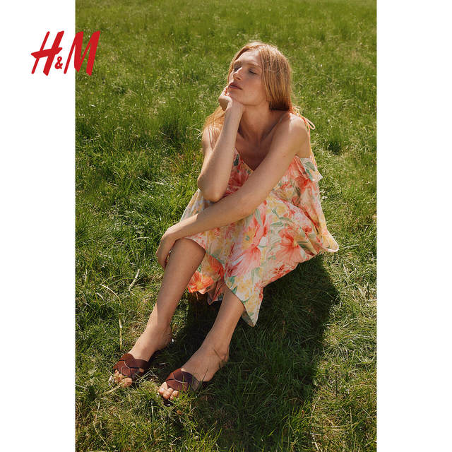 
HM women's dress summer V-neck loose printed suspender vacation style ruffled midi skirt dress 1234153