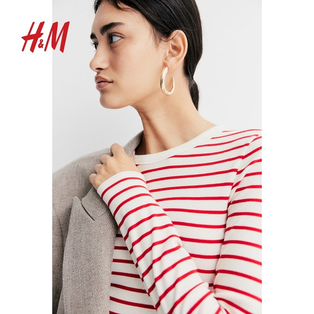 HM Women's T-shirt 2025 Summer New Simple Ribbed Stripe Slim Round Neck Long Sleeve Soft Top 1203084