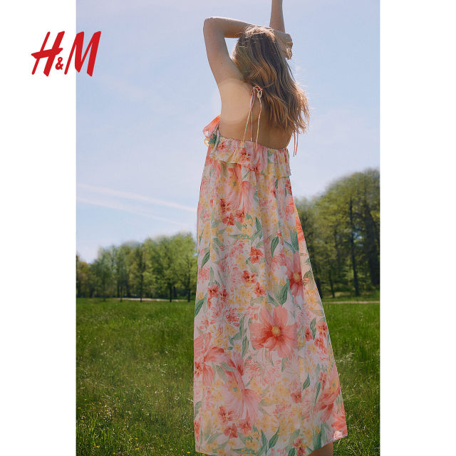 
HM women's dress summer V-neck loose printed suspender vacation style ruffled midi skirt dress 1234153